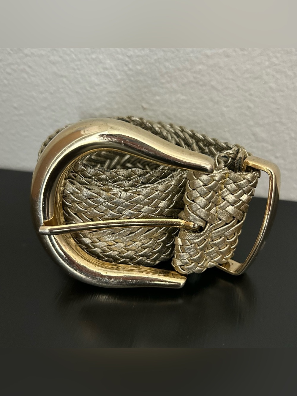 Vintage The Ritz Belt Gold Leather Woven Metallic Big Buckle Statement 90s 80s